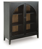 Black bar cabinet with arched double doors, glass panels, and interior shelves