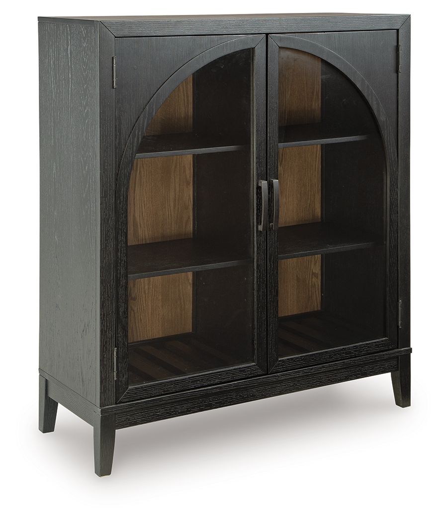 Black bar cabinet with arched double doors, glass panels, and interior shelves