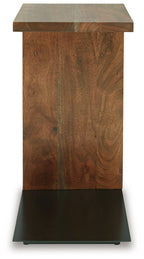 Rectangular brown wood accent table with dark metal base and visible wood grain.