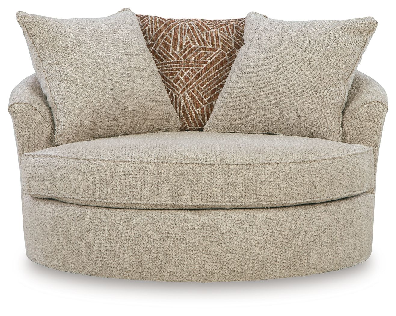 Oversized swivel accent chair with two back cushions and center patterned throw pillow