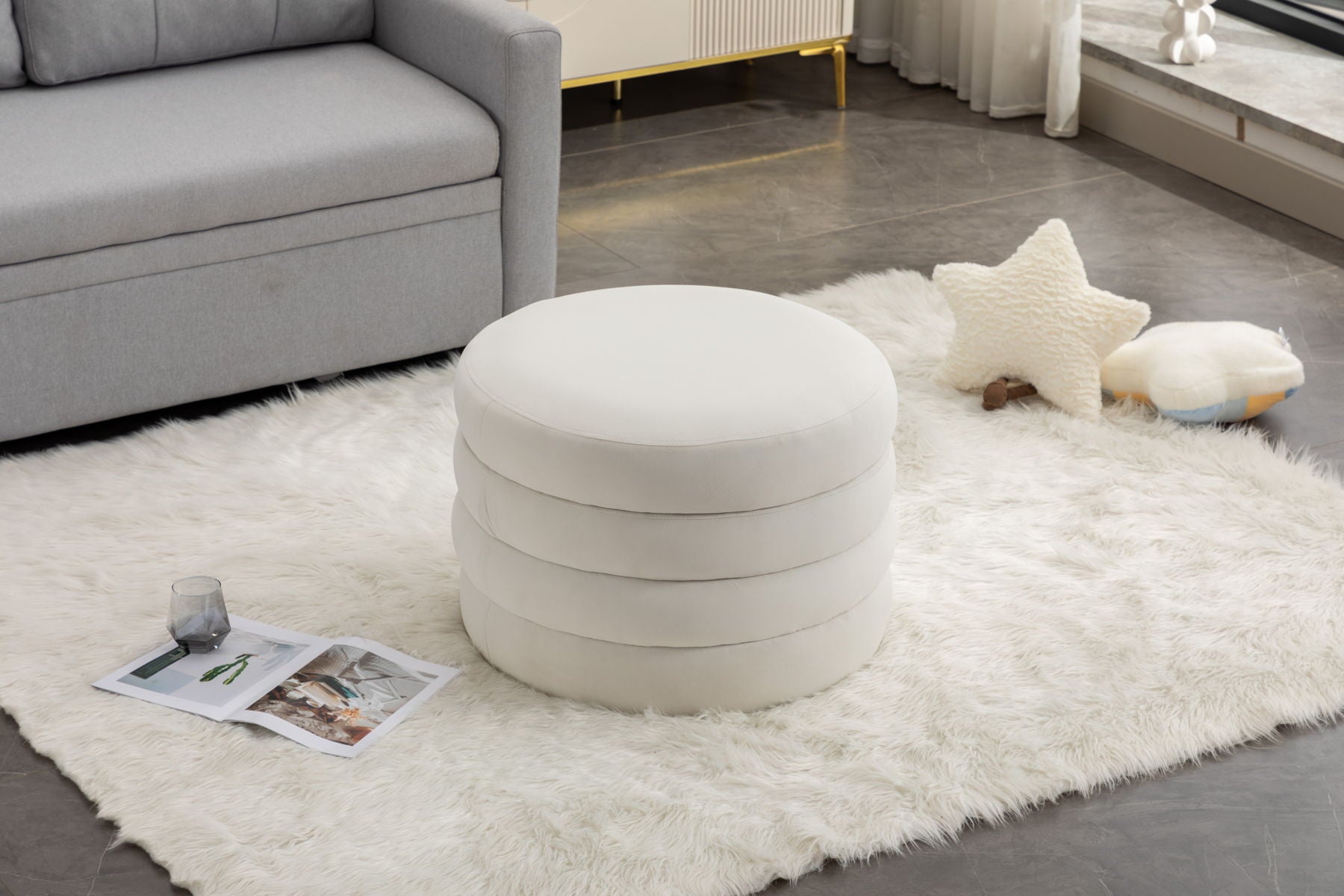 Velvet Fabric Storage Round Ottoman Footstool With Wooden Shelving, Ivory