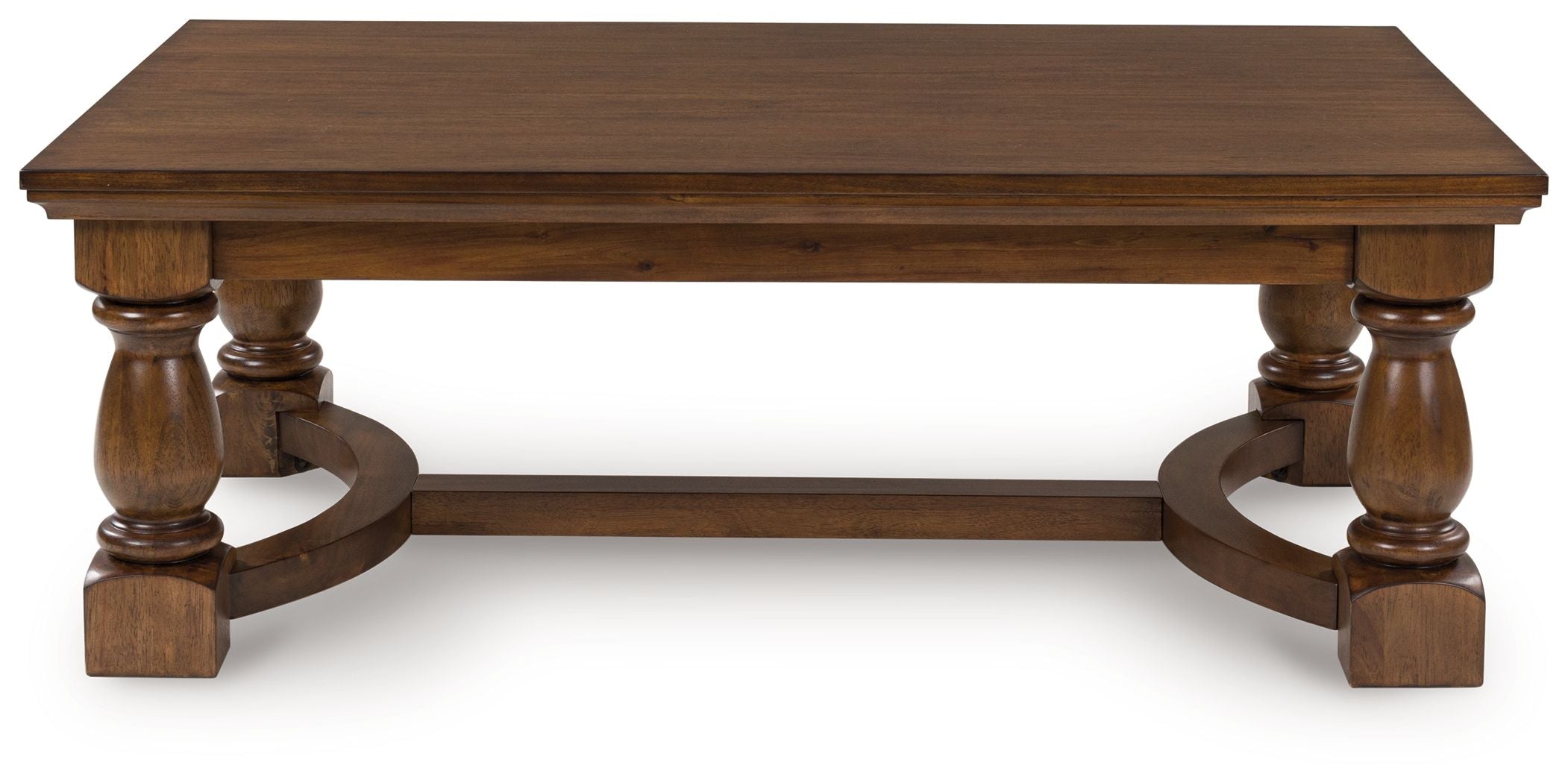 Rectangular brown cocktail table with two end pedestals and curved side frame