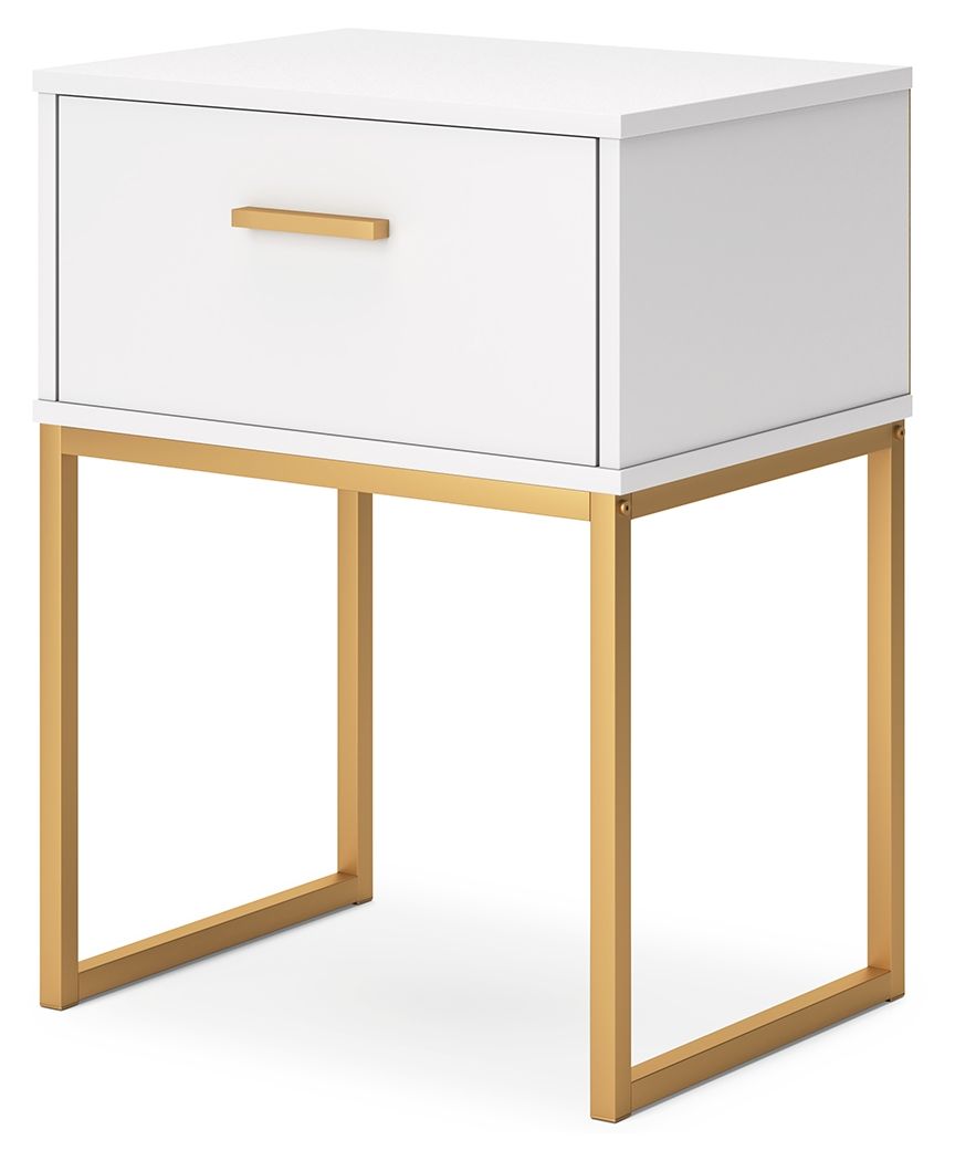 White night stand with one drawer and gold-tone bar handle, angled open base frame.