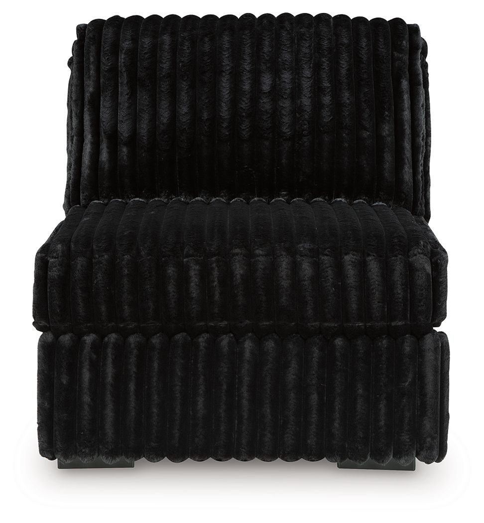 Armless chair front view with ribbed black cushion and backrest, dark fabric