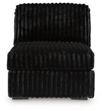 Armless chair front view with ribbed black cushion and backrest, dark fabric