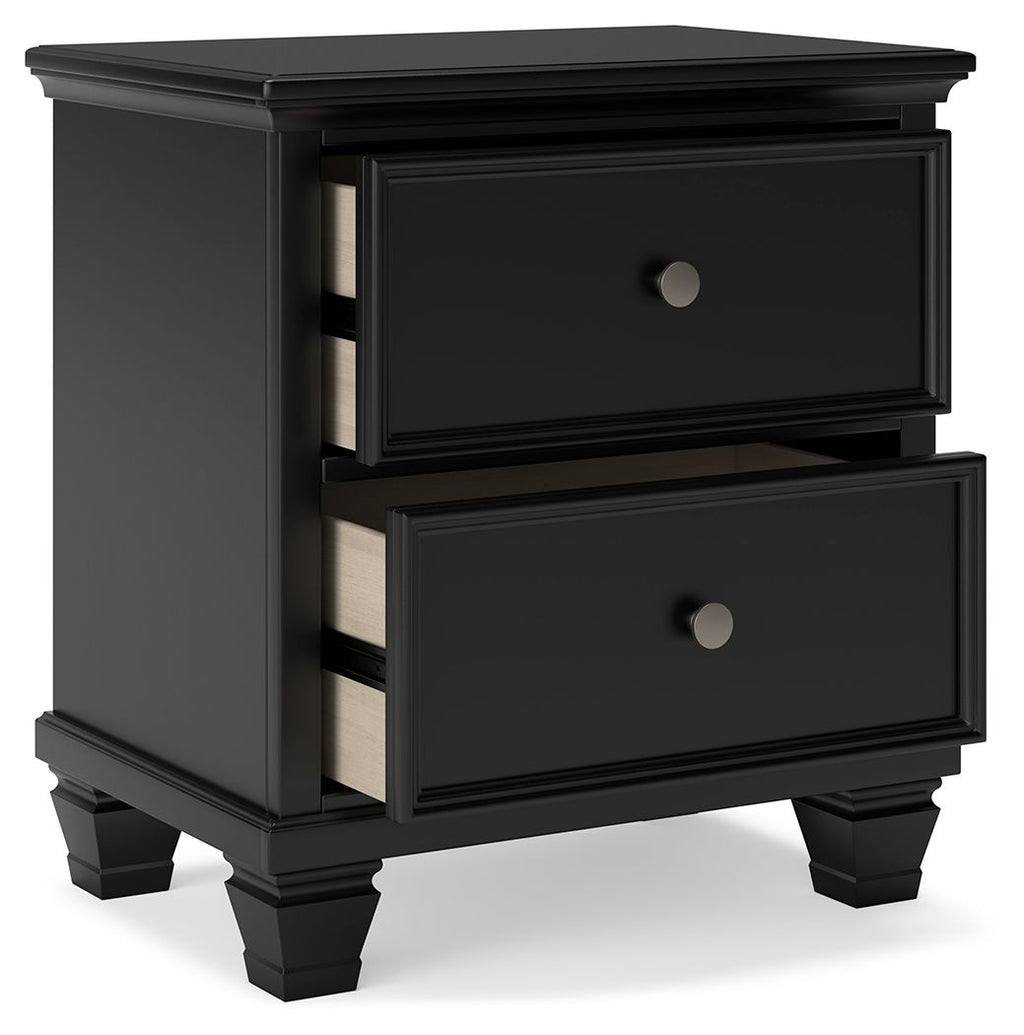 Black two-drawer nightstand with open drawers and round metal knobs