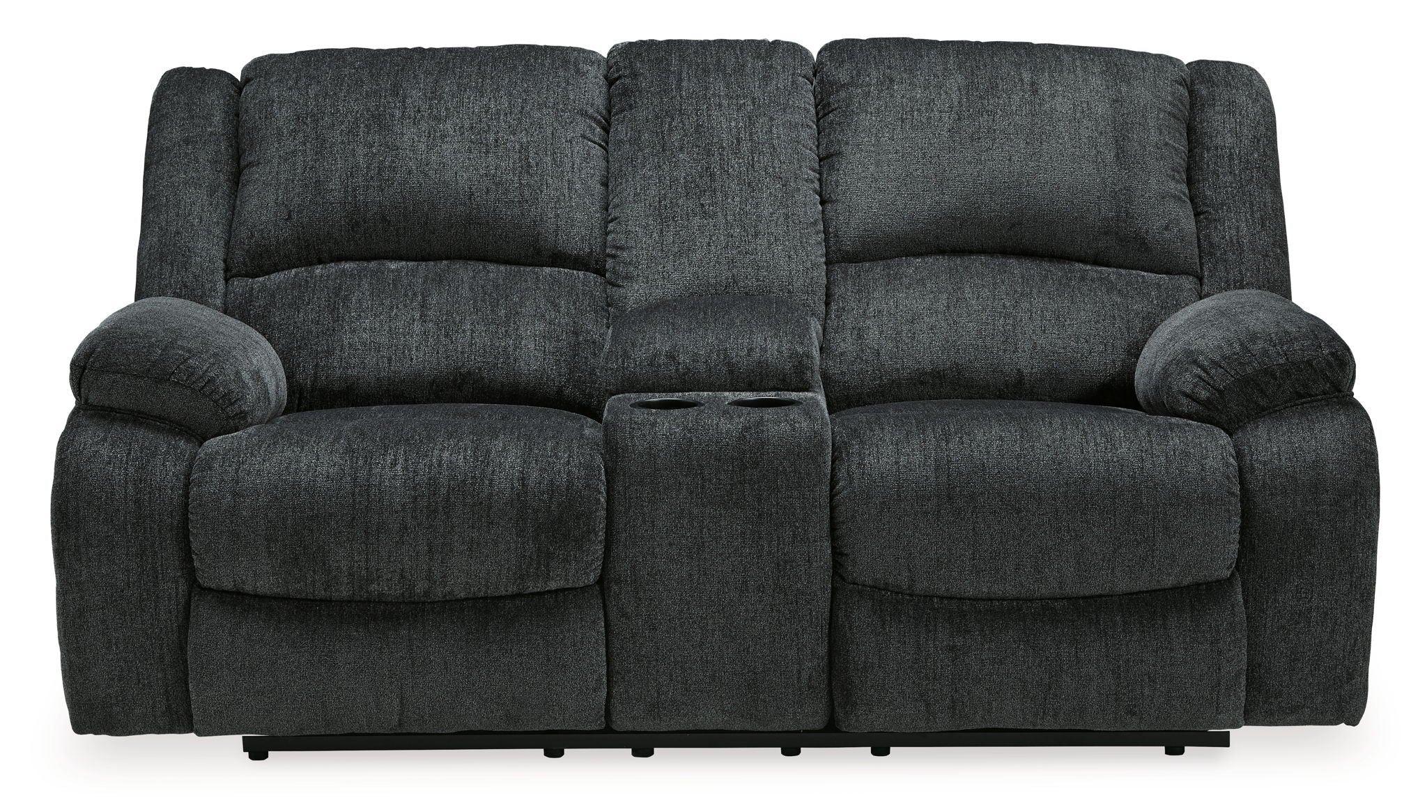 Dark gray reclining loveseat with two seat sections and padded back cushions