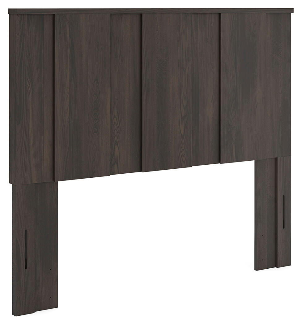 Dark brown panel headboard with vertical wood panels and sturdy side posts