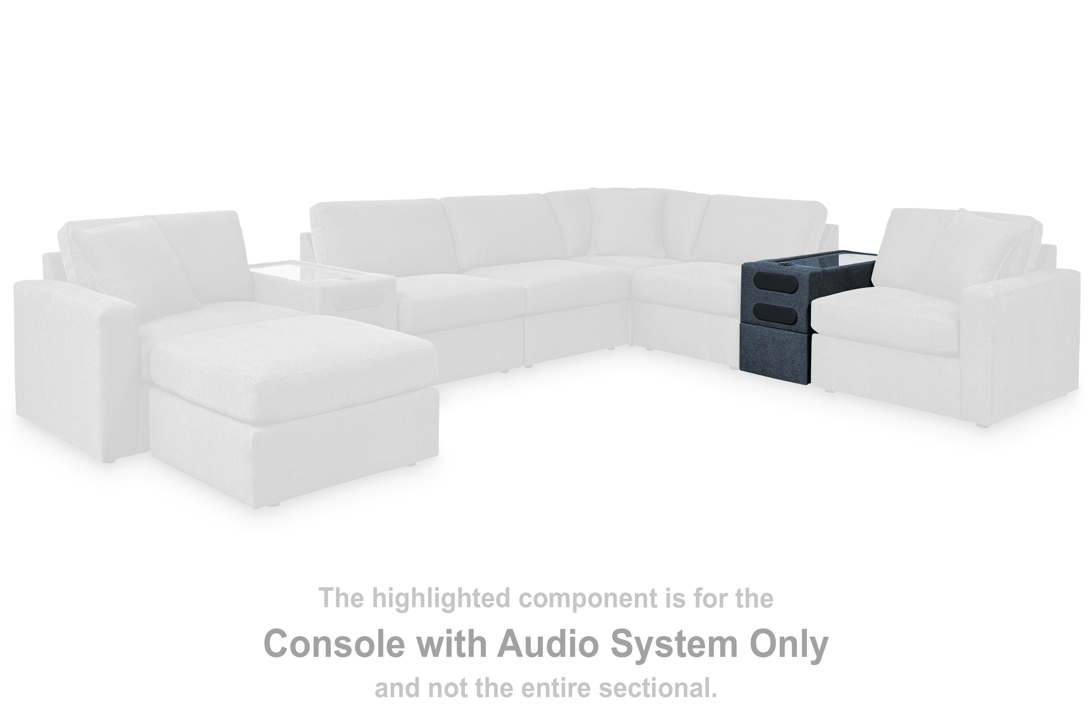 Dark audio console component highlighted in a white modular sectional