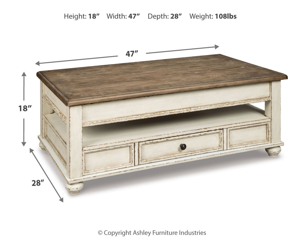 Lift-top cocktail table with dark wood top and white base; 47 in W x 28 in D.