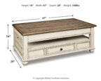 Lift-top cocktail table with dark wood top and white base; 47 in W x 28 in D.