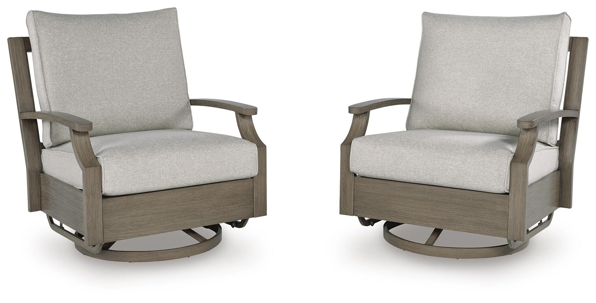 Pair of swivel glider chairs with light beige cushions and dark brown frames