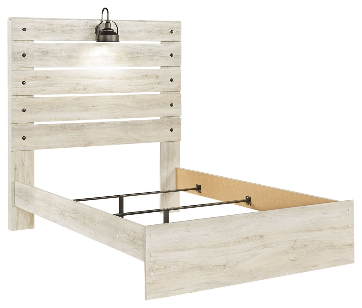 Beige panel bed with paneled headboard and open platform base with dark metal supports