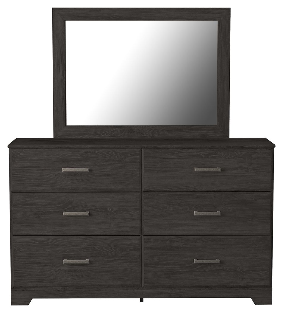 Charcoal dresser with mirror and six drawers with metal bar pulls