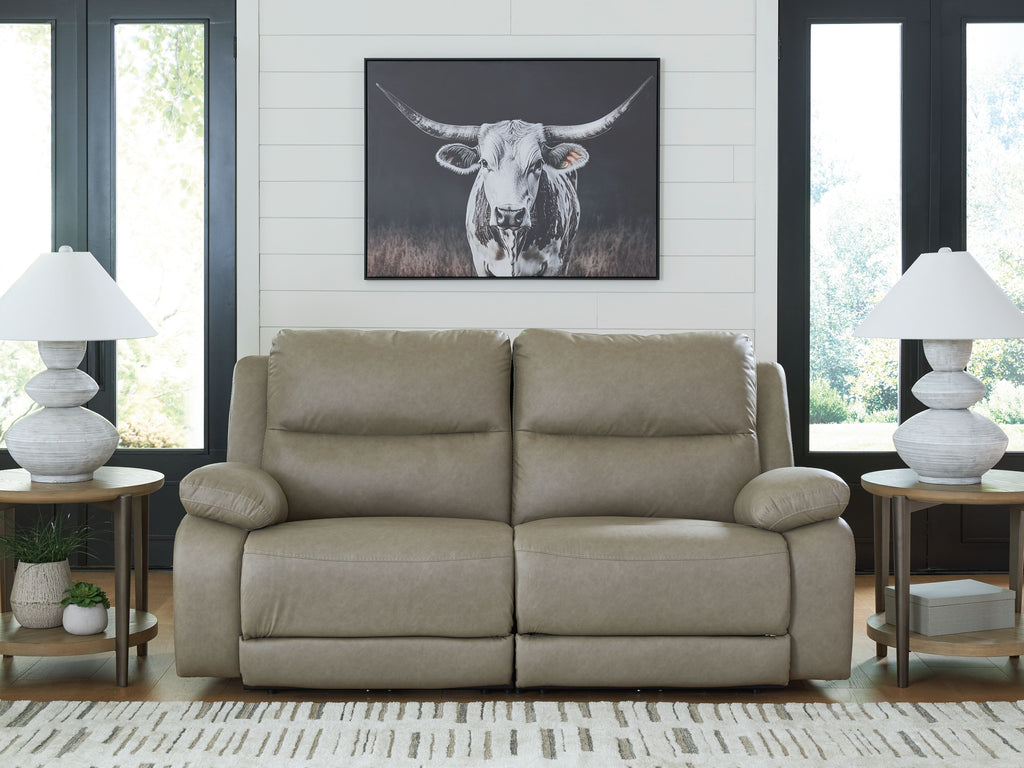 Pebble power reclining loveseat sofa with two recliners and wide padded arms