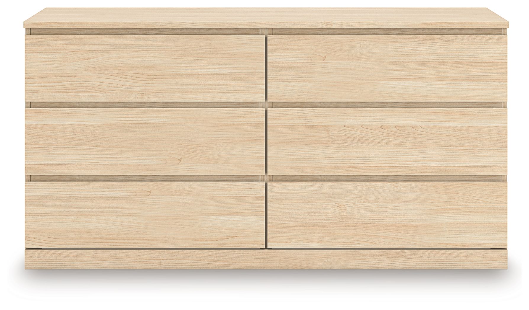 Light brown six-drawer dresser front view with smooth wood-grain panels