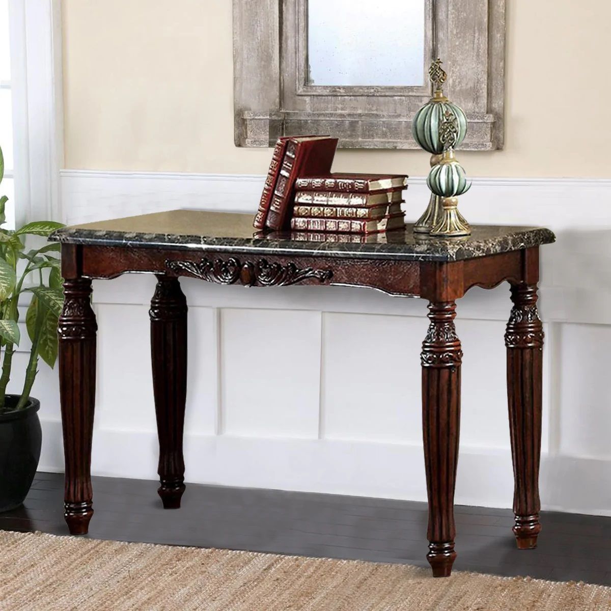 Traditional Espresso Solid Wood Sofa Table Faux Marble Top Intricate Design Living Room Furniture
