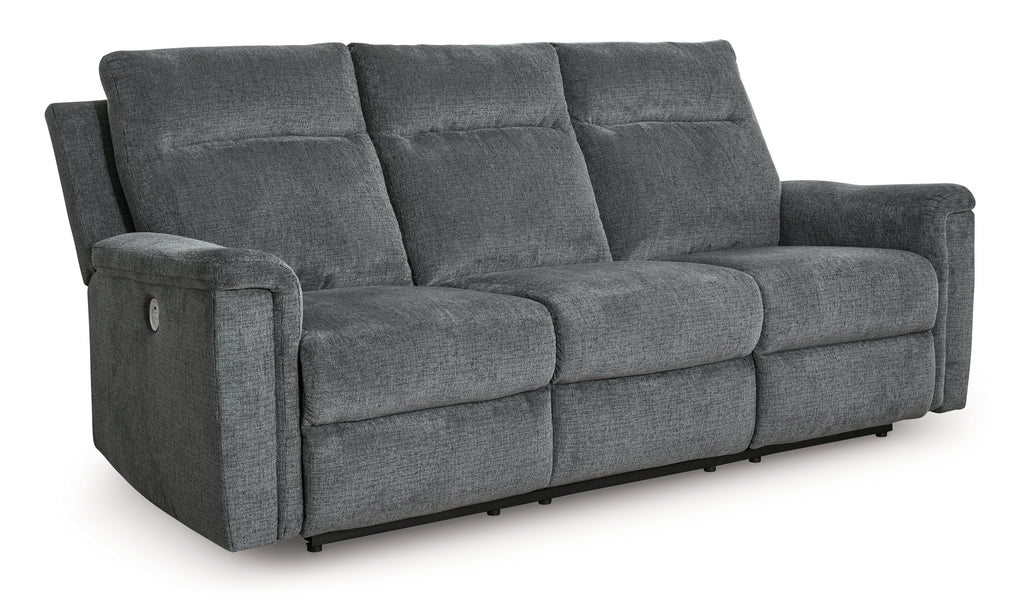 Power reclining sofa in gravel gray fabric, three-seat with padded armrests