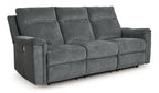 Power reclining sofa in gravel gray fabric, three-seat with padded armrests