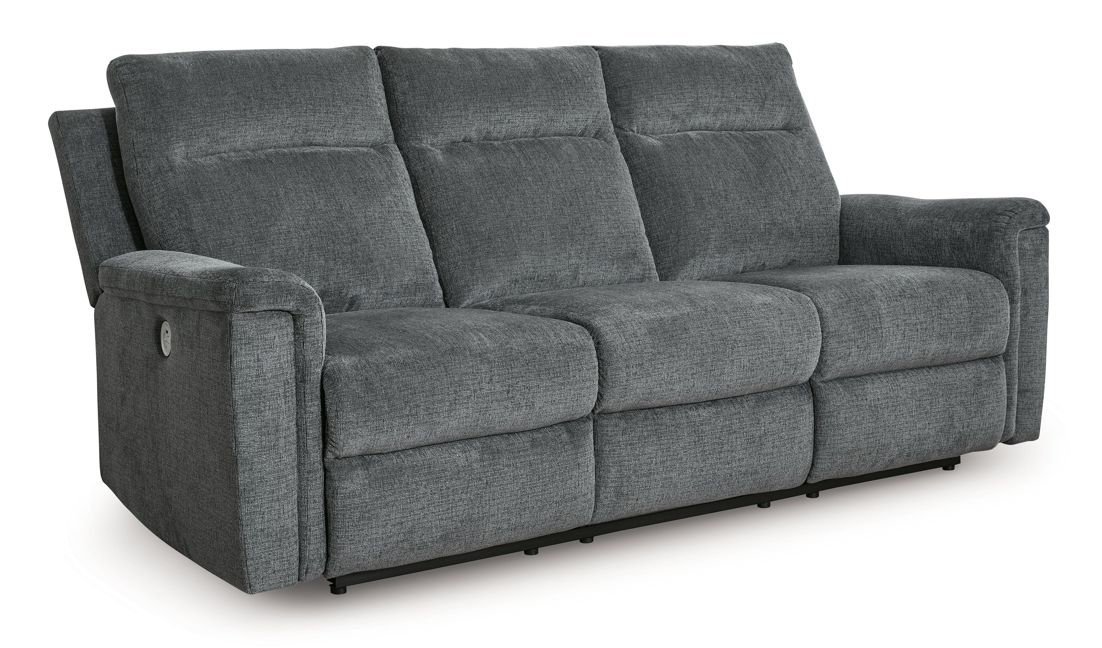 Power reclining sofa in gravel gray fabric, three-seat with padded armrests