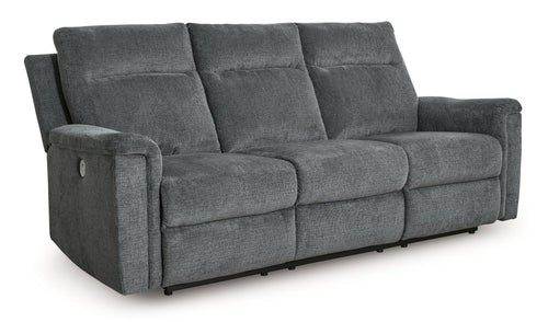 Power reclining sofa in gravel gray fabric, three-seat with padded armrests