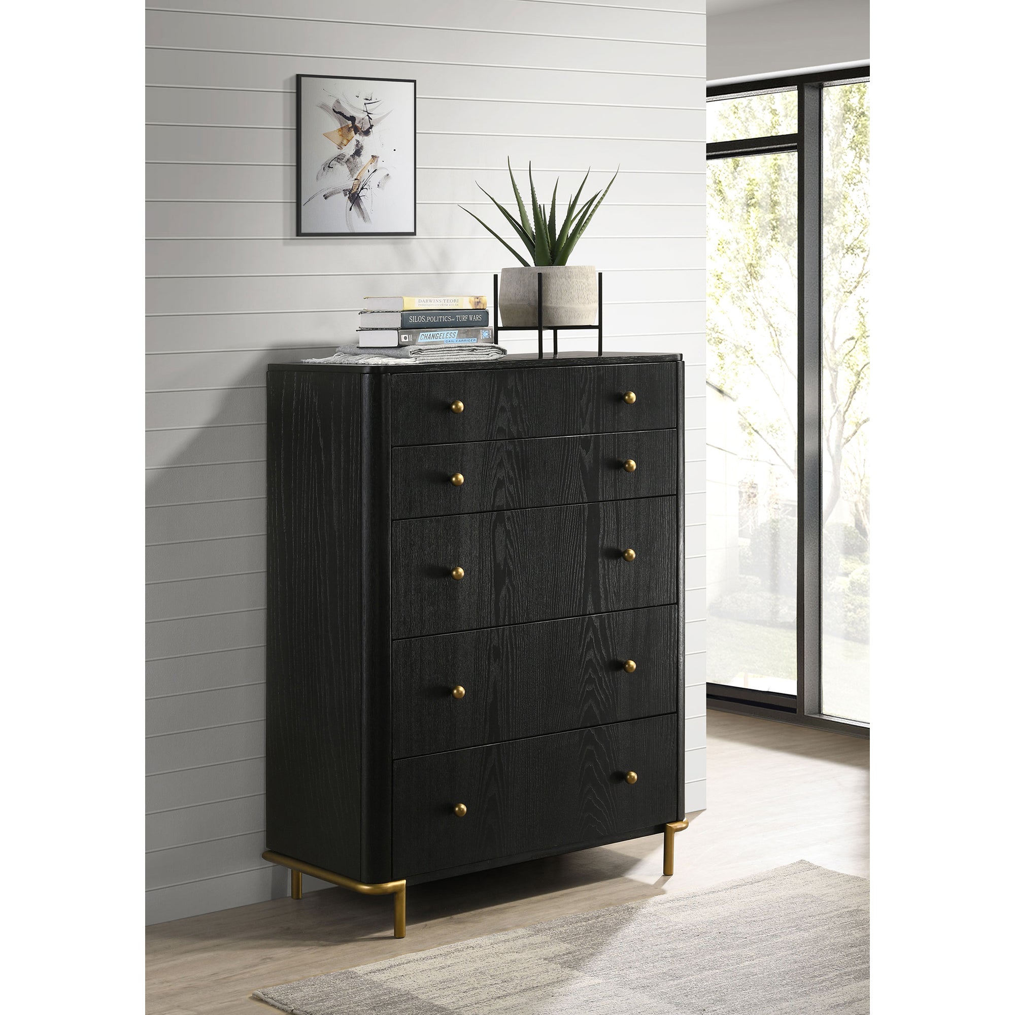 Anser Black 5-Drawer Chest: Chic Storage for Modern Bedrooms