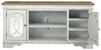 Chipped white TV stand with open center shelf and side storage behind doors