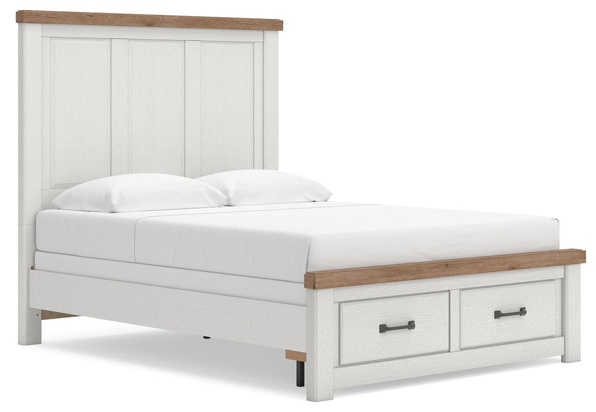 White panel storage bed with two front drawers and wood-look side accents