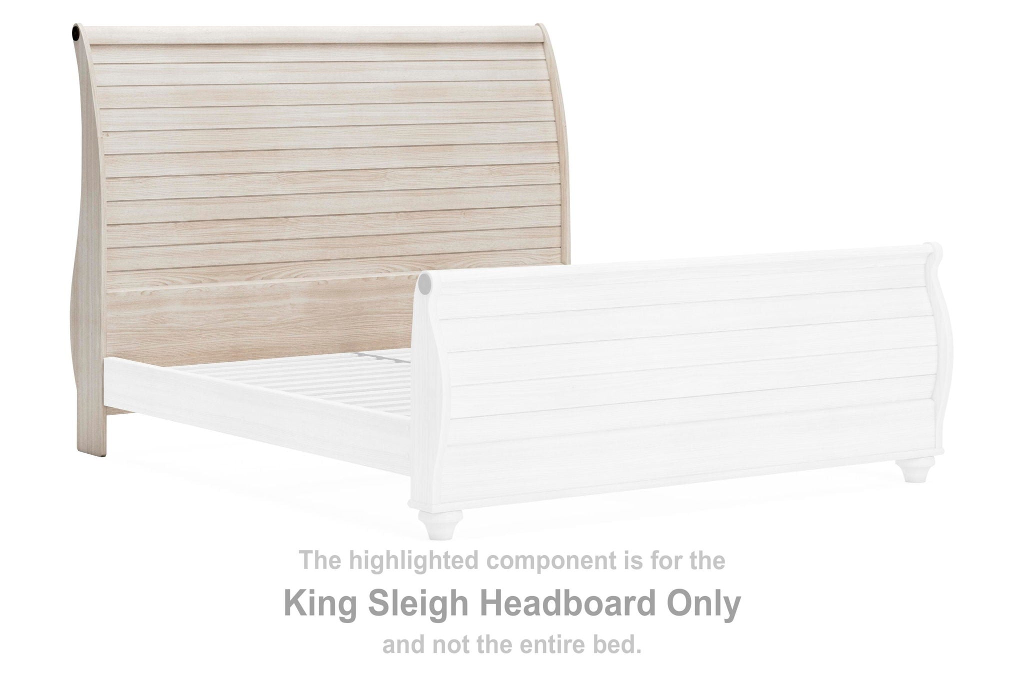 King sleigh headboard with faux plank design, whitewashed finish