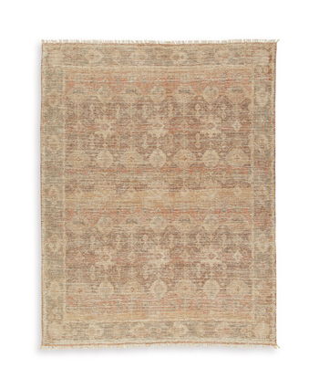 Light brown rectangular area rug with faded ornate distressing and slim border