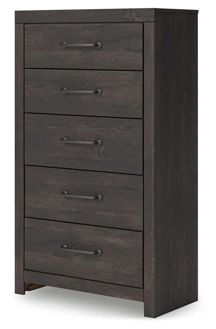 Dark gray five-drawer chest with dark side panel and metal bar drawer pulls