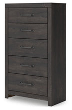 Dark gray five-drawer chest with dark side panel and metal bar drawer pulls