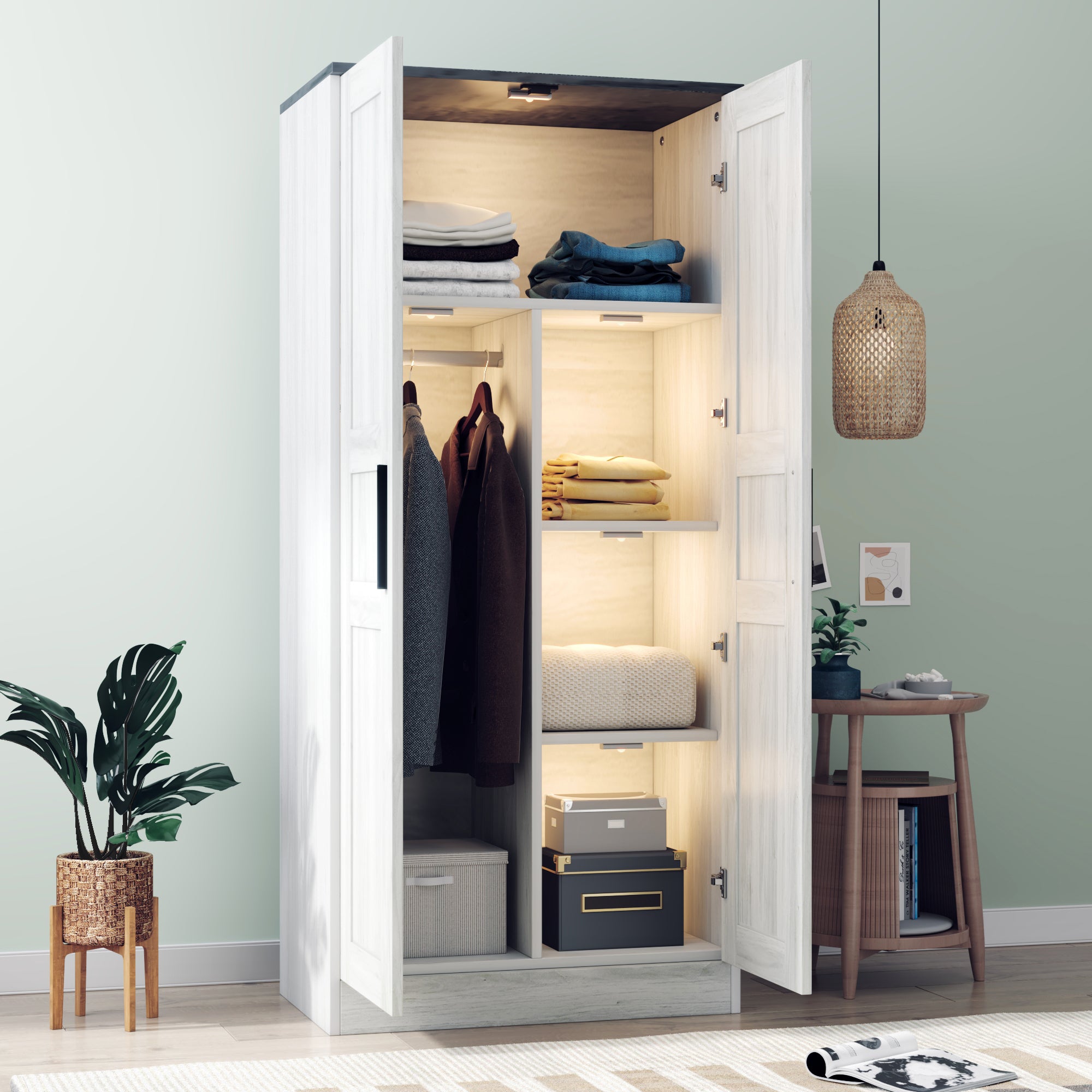 Modern 2-Door Wardrobe Armoire w/ LED - Grey