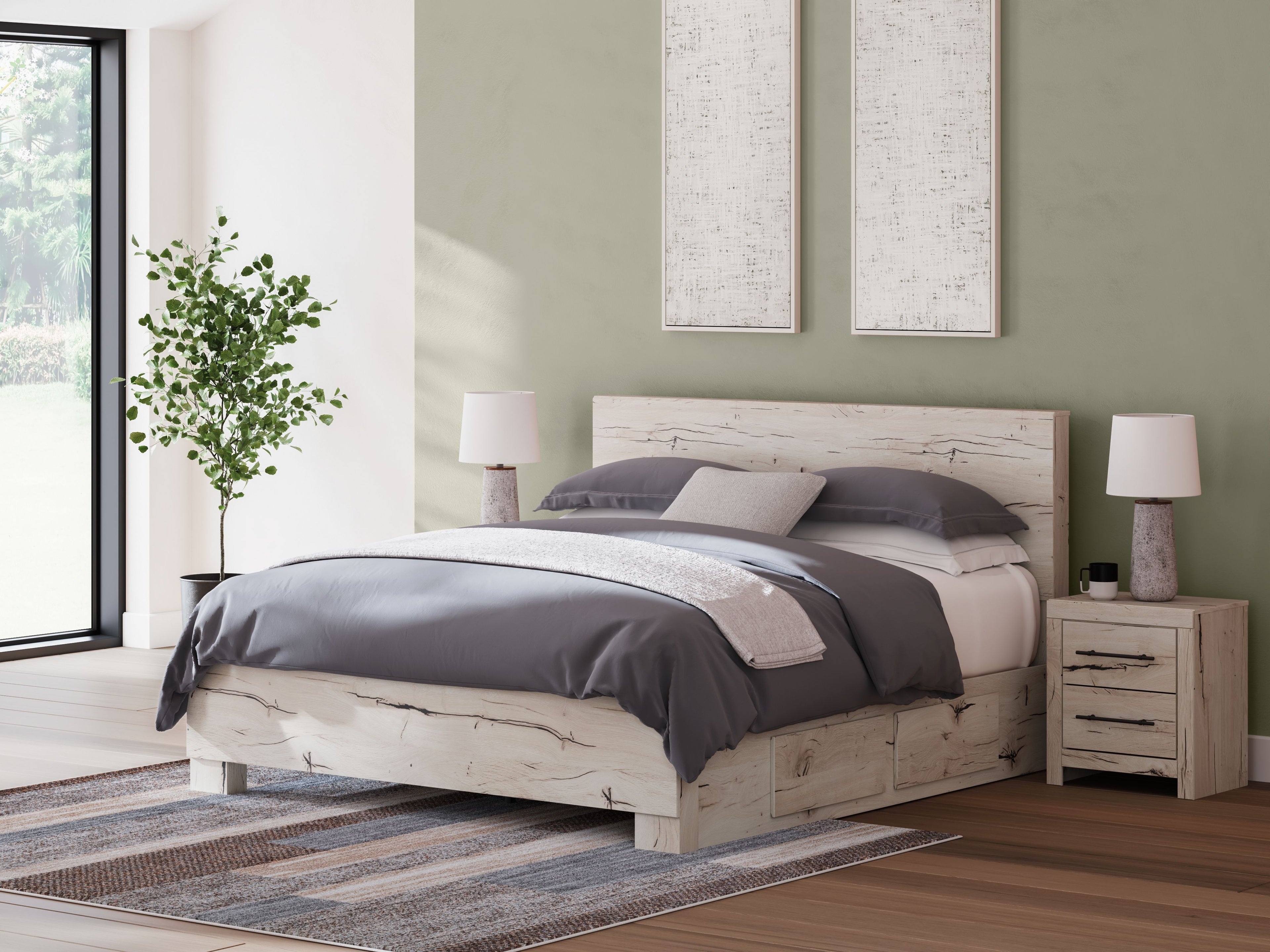 Light wood panel bed with storage drawers, gray bedding with throw pillows