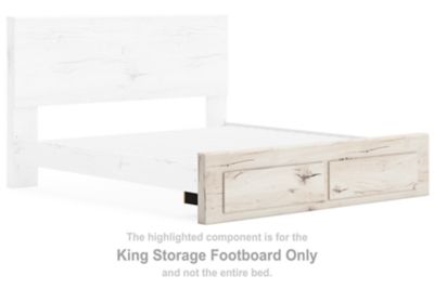 King storage footboard with light natural wood drawers