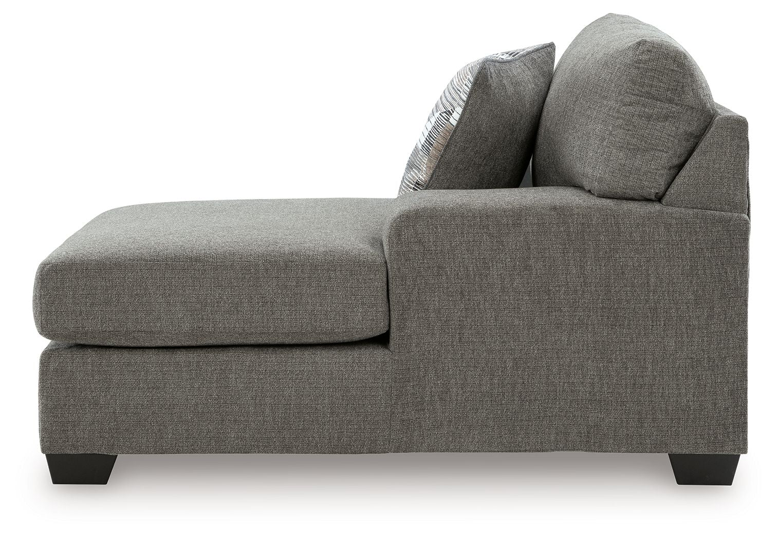 Gray upholstered corner chaise with back cushions and block legs