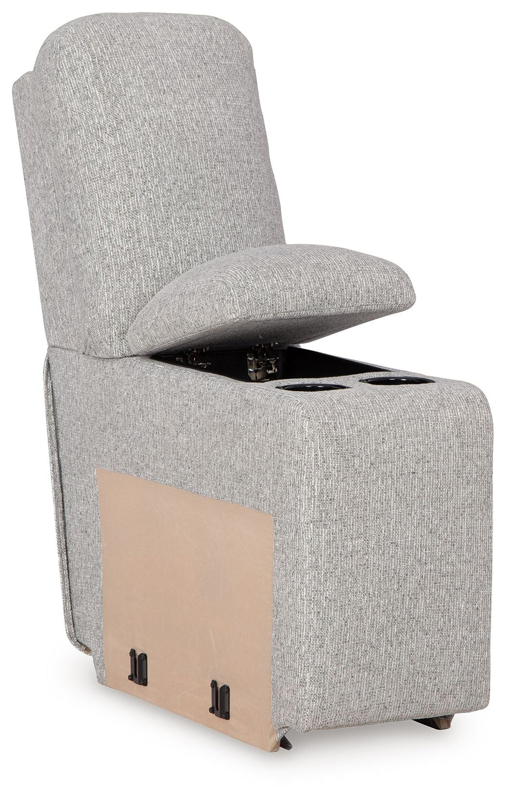 Pewter console chair with open cup holders and storage drawer front