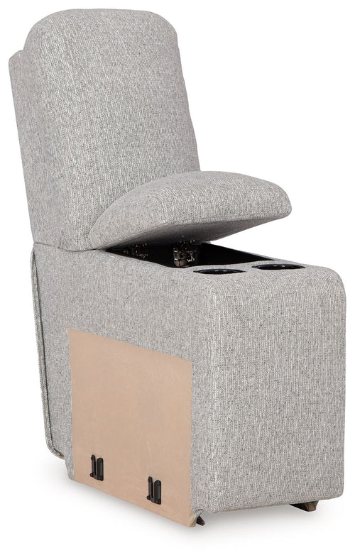 Pewter console chair with open cup holders and storage drawer front