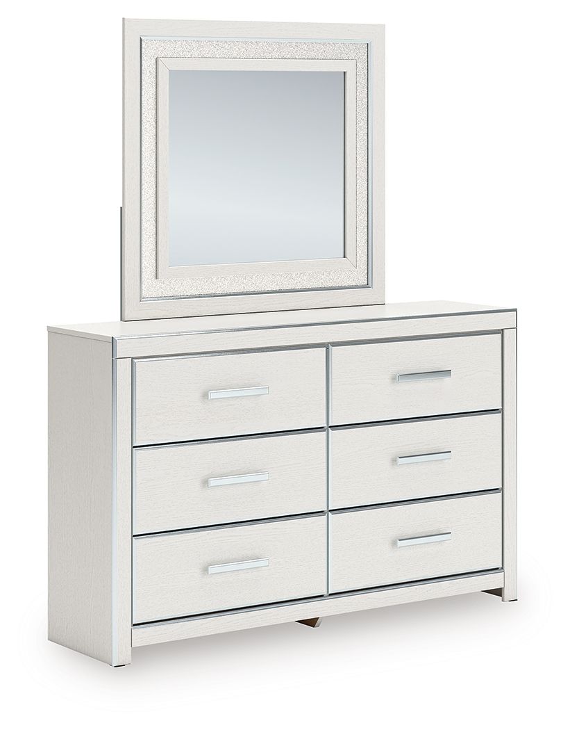 White dresser with six drawers and square framed mirror