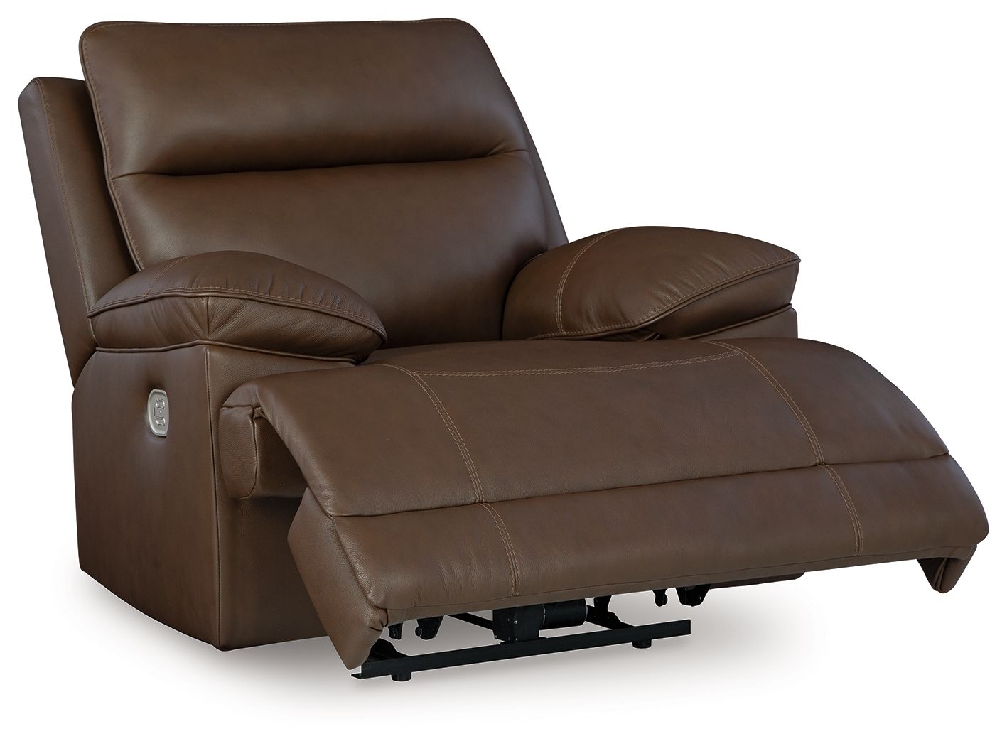 Tobacco brown power recliner chair, side view, adjustable headrest and ottoman-style base