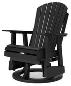 Black swivel glider chair with slat back, flat armrests, and horizontal seat slats.