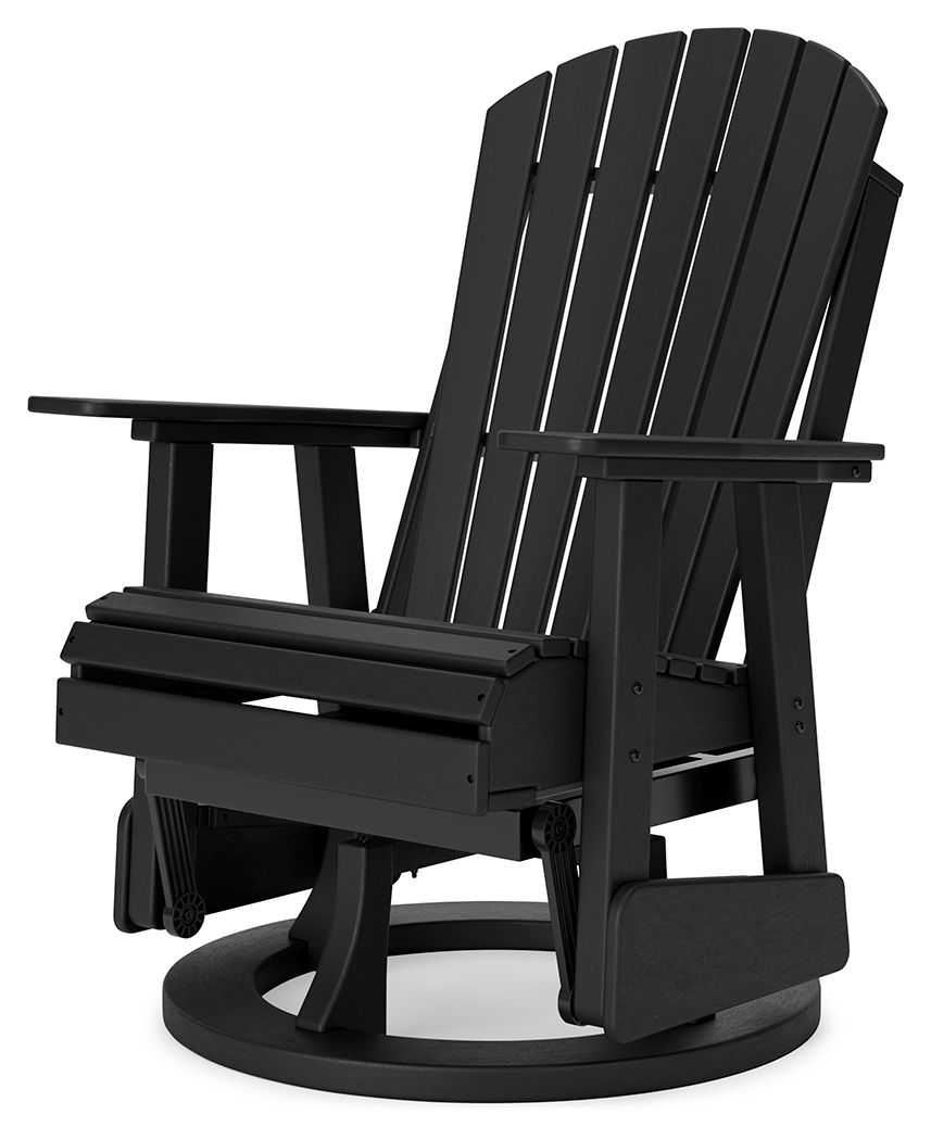Black swivel glider chair with slat back, flat armrests, and horizontal seat slats.