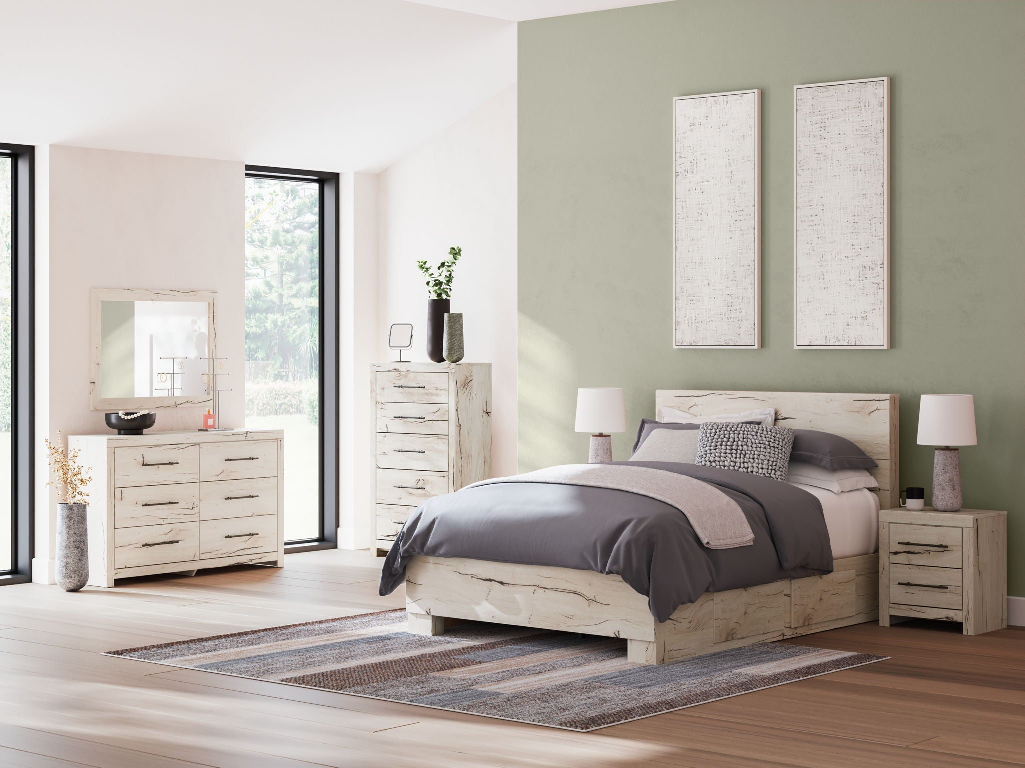 Bedroom storage set with bed frame, dresser with mirror, and matching nightstands in light wood
