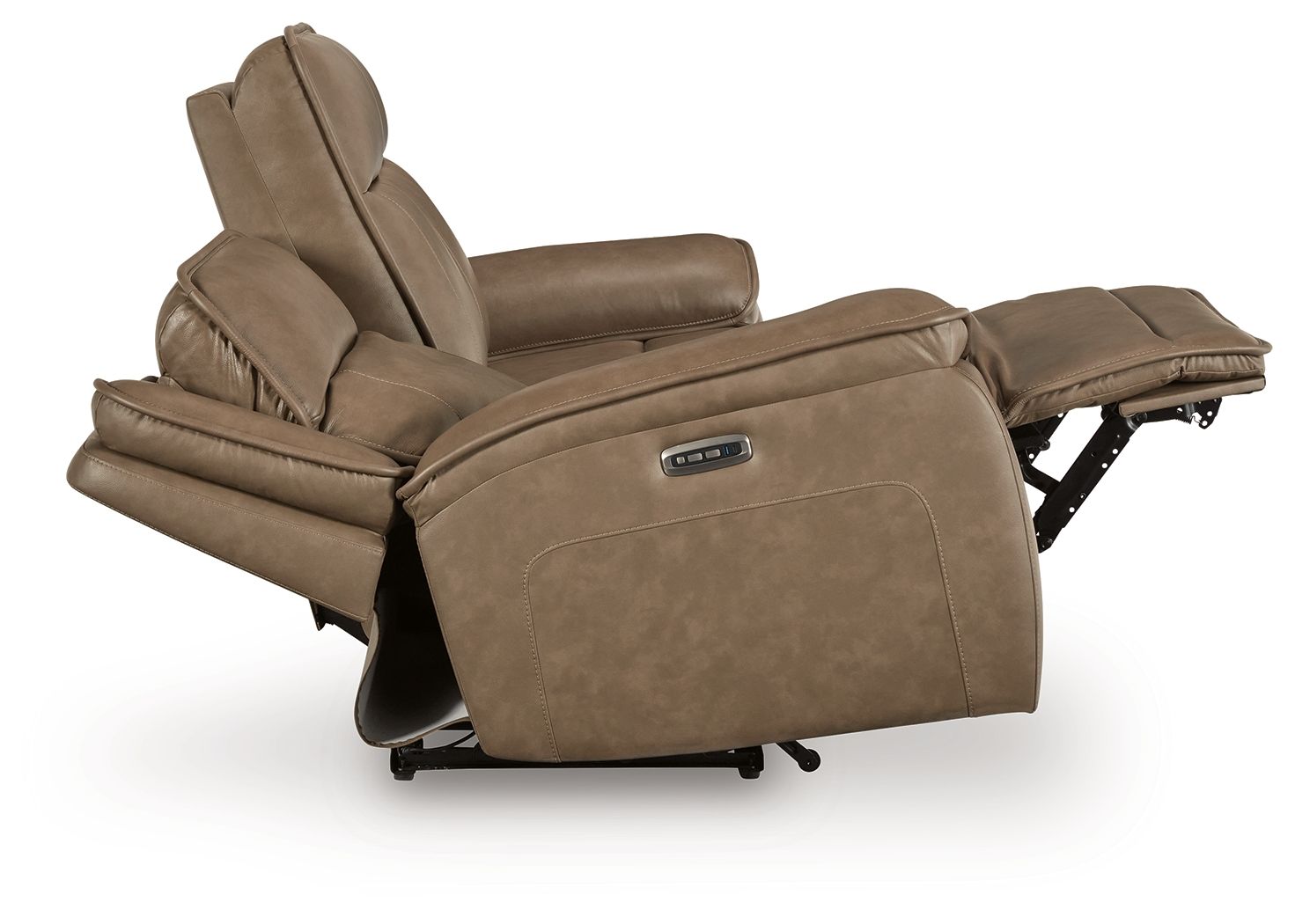 Power reclining sofa with adjustable headrest, taupe leather-look seat and back