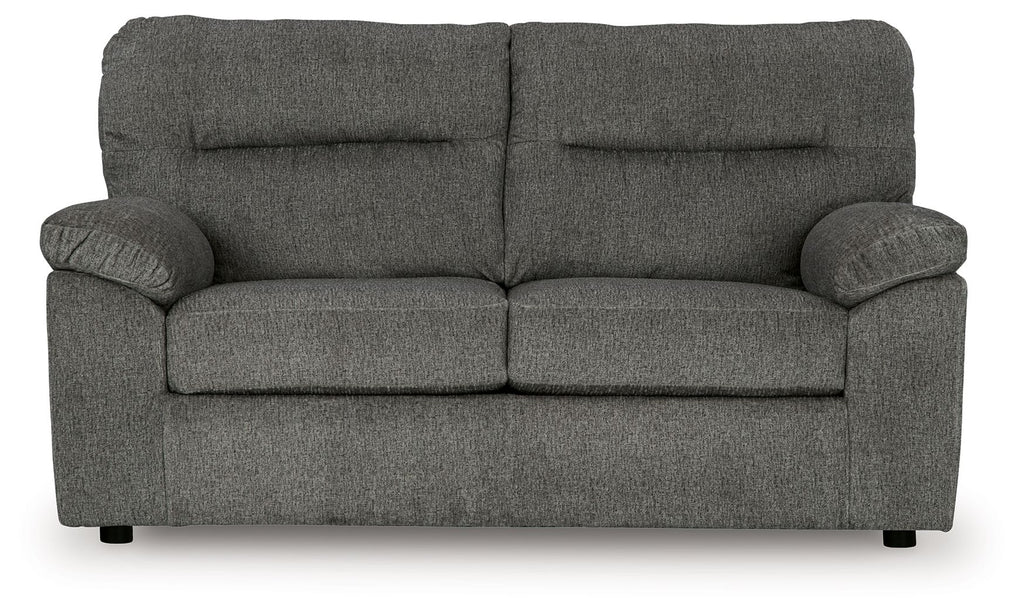 Mineral dark gray loveseat with two lumbar cushions, rolled arms, and black feet