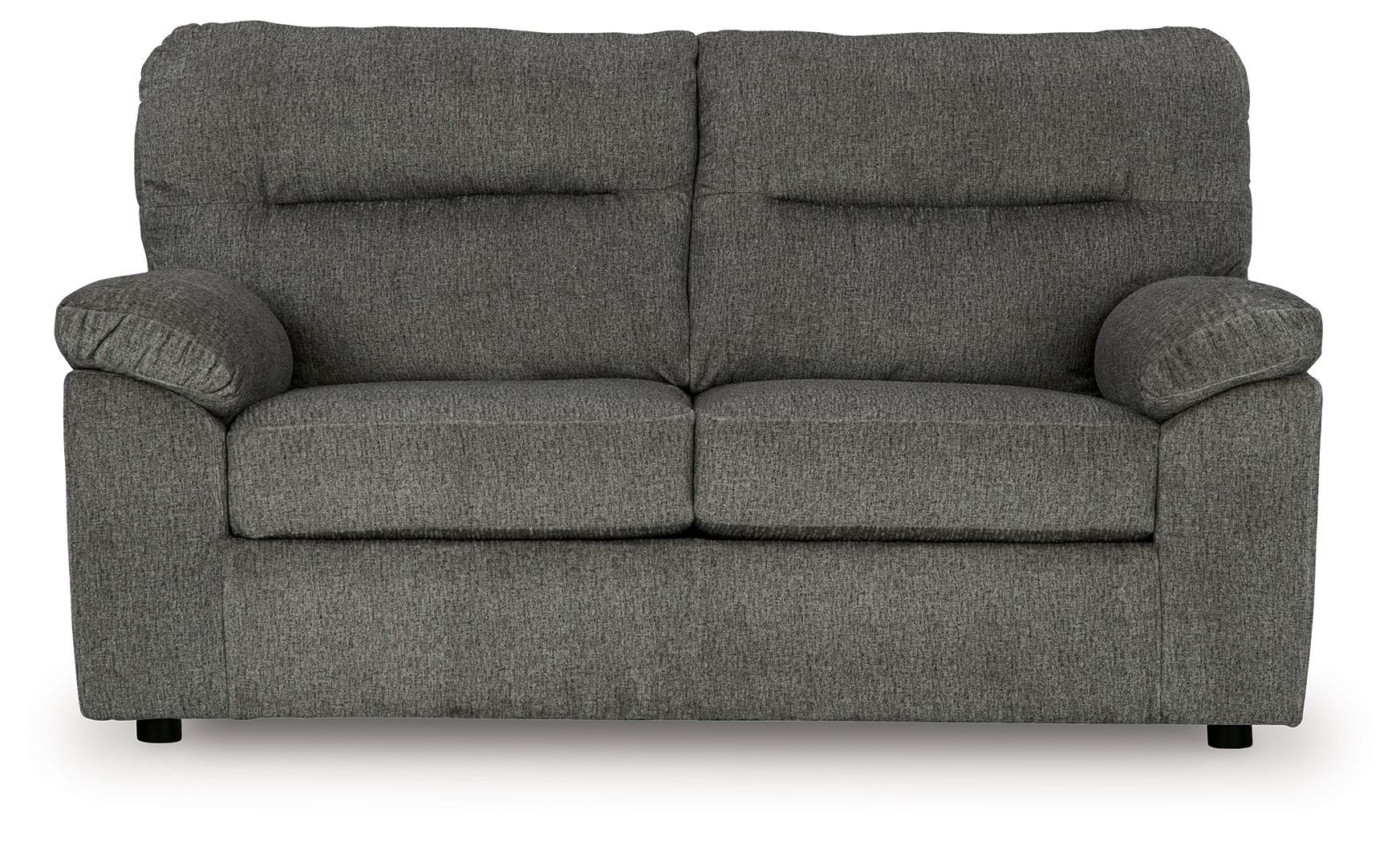 Mineral dark gray loveseat with two lumbar cushions, rolled arms, and black feet