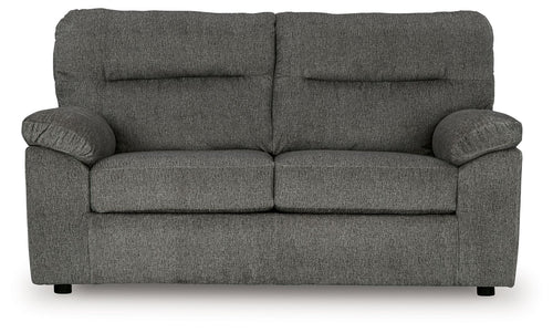 Mineral dark gray loveseat with two lumbar cushions, rolled arms, and black feet