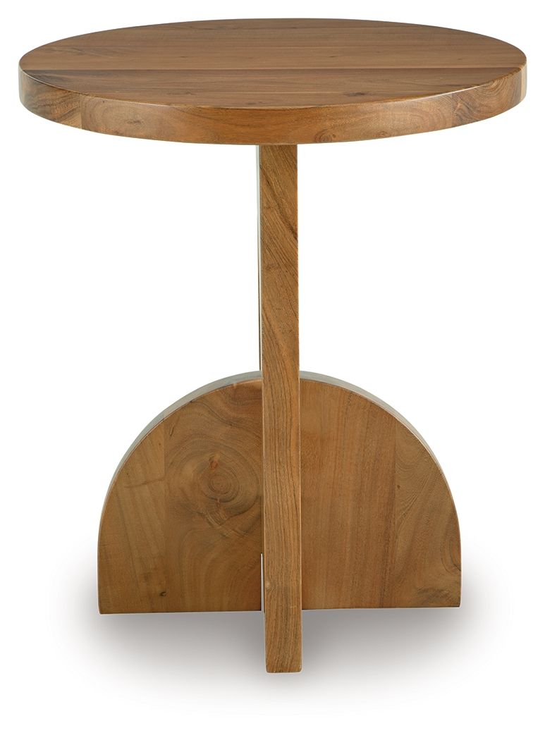 Hollbourne brown accent table with round top and curved pedestal base