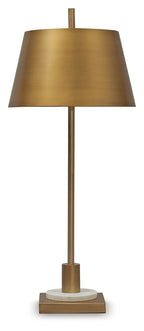 Gold metal table lamp with white shade and cylindrical stem, on a flat rectangular base