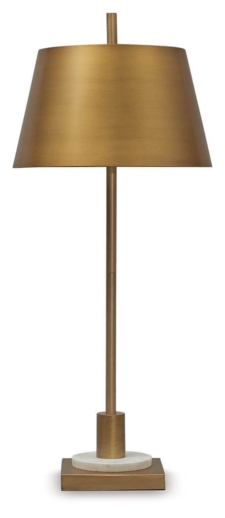 Gold metal table lamp with white shade and cylindrical stem, on a flat rectangular base